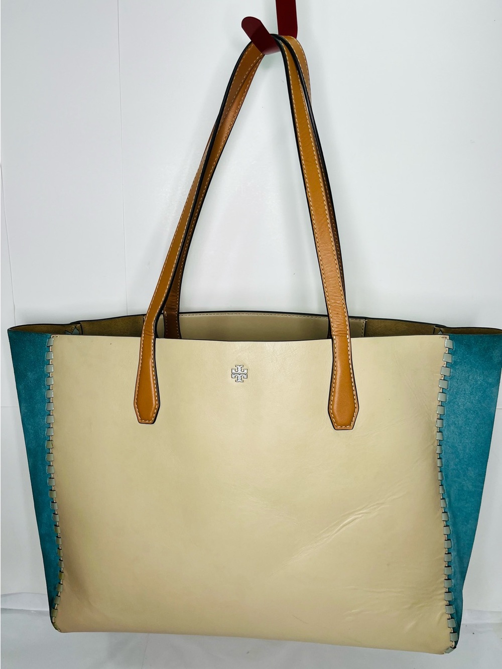 Tory Burch Beige Cream Leather & Blue Suede Tote Bag Handbag Shoulder Bag